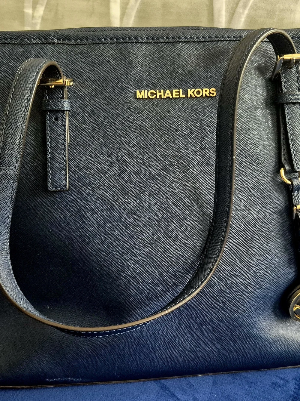 Michael Kors Navy Saffiano Leather Tote with Gold Hardware